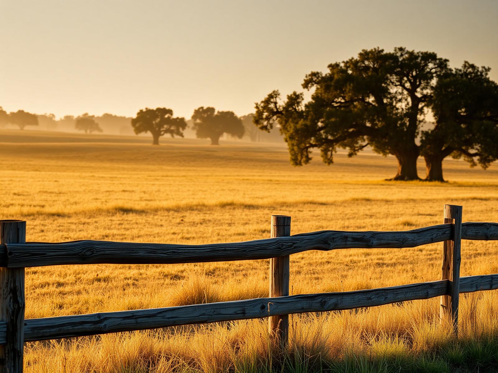 Ranch fence and oak trees at sunrise